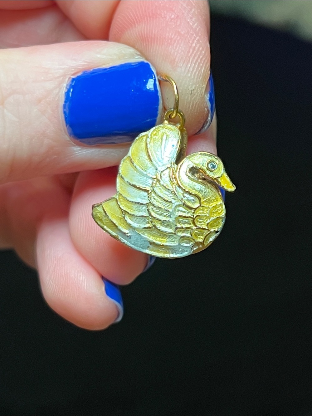 Vintage Yellow Guilloche Enamel Swan Gold Gilt Charm Necklace Pendant